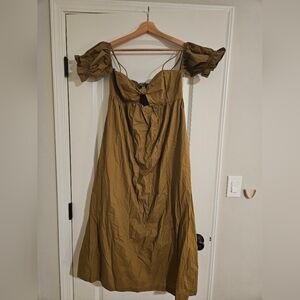 Olive Green Off-Shoulder Puff Sleeve Midi Dress - Boho Chic Vibes